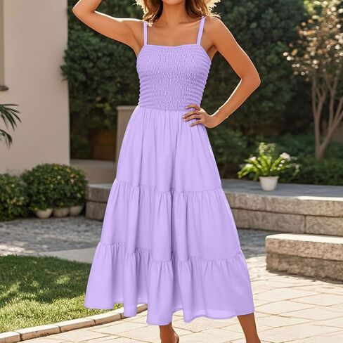 Sundresses for Women 2025 Summer Casual Sleeveless Boho Maxi Dress Spaghetti Strap Smocked Tiered Long Beach Dress in Kuwait