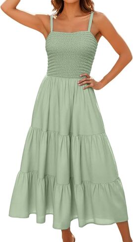 Sundresses for Women 2025 Summer Casual Sleeveless Boho Maxi Dress Spaghetti Strap Smocked Tiered Long Beach Dress in Kuwait