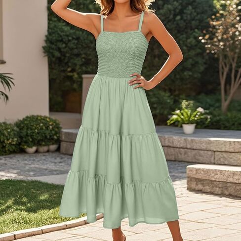 Sundresses for Women 2025 Summer Casual Sleeveless Boho Maxi Dress Spaghetti Strap Smocked Tiered Long Beach Dress in Kuwait