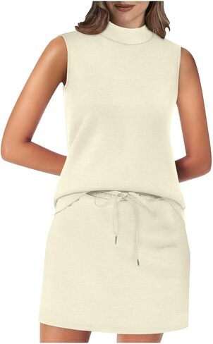 2 Piece Skirt Sets for Women Summer Beach Vacation Outfits Mock Neck Tops Drawstring Tennis Skirt Lounge Sets in Saudi Arabia