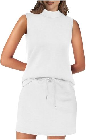 2 Piece Skirt Sets for Women Summer Beach Vacation Outfits Mock Neck Tops Drawstring Tennis Skirt Lounge Sets in Saudi Arabia