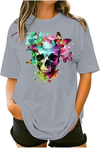 Womens Mens Halloween Ghost Shirts Vintage Graphic Tees Funny Printed Tops Loose Fit Shirts Skull Teen Girl Plus Size in Saudi Arabia