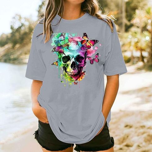 Womens Mens Halloween Ghost Shirts Vintage Graphic Tees Funny Printed Tops Loose Fit Shirts Skull Teen Girl Plus Size in Saudi Arabia