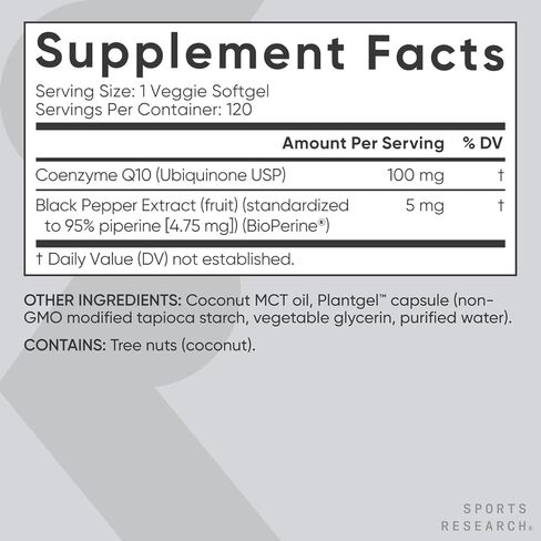 أبحاث رياضية CoQ10 (100mg) معززة مع زيت جوز الهند والبيوبير (الفلفل الأسود) لتحسين الامتصاص | مصدقة نباتية ، غير محدد من غير المعدل وراثيًا (120 خضروات ناعمة) in Kuwait