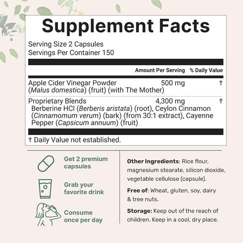 خل التفاح مع الأم 4،800mg مكافئة ، 300 كبسولة | 4 في 1 ACV مجمع | Ceylon Cinnamon ، Cayenne Pepper ، & Berberine | المناعة والهضم ودعم الشهية | غير المعدلة وراثيا ، خالية من الغلوتين in Saudi Arabia