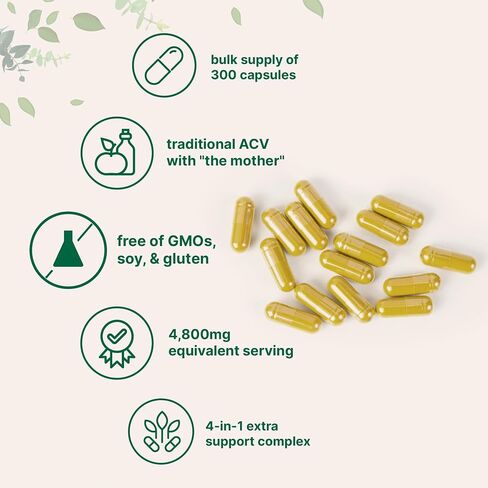 خل التفاح مع الأم 4،800mg مكافئة ، 300 كبسولة | 4 في 1 ACV مجمع | Ceylon Cinnamon ، Cayenne Pepper ، & Berberine | المناعة والهضم ودعم الشهية | غير المعدلة وراثيا ، خالية من الغلوتين in Saudi Arabia