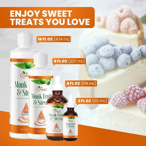 Monk Fruit & Stevia Liquid Sweetener Drops - Natural Sweeteners & Sugar Alternatives - Delicious Blend with No Bitter Aftertaste - Concentrated Sweetener Liquid Drops Extract – 16 FL OZ (3200 Servings) in Saudi Arabia