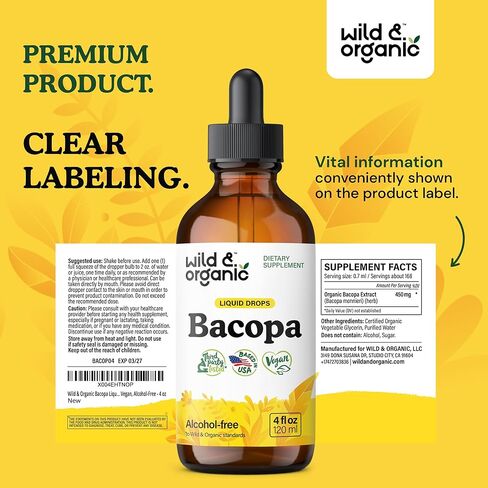 قطرات سائل بايز وعضوية - صبغة عشبية لدعم الدماغ - مكملات نباتية مع استخراج باكوبا مونريري - إمدادات لمدة 5 أشهر - خالية من السكر والكحول - 4 أوقية in Saudi Arabia
