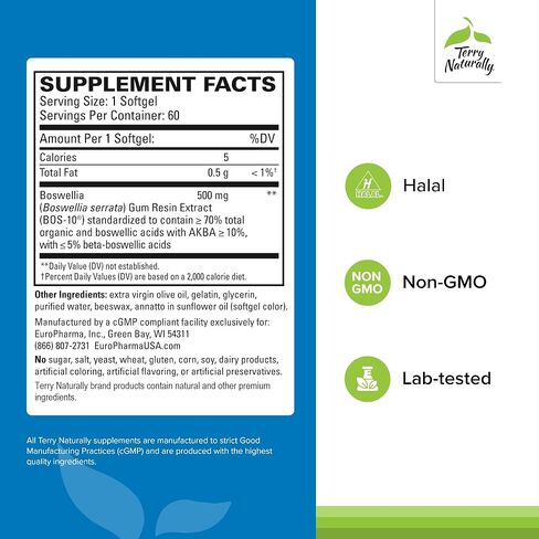 Terry Naturally BosMed 500 - Boswellia Serrata Extract Supplement - Dietary Supplement for Healthy Lung Support - Herbal Supplement Formula - 60 Softgels in Saudi Arabia