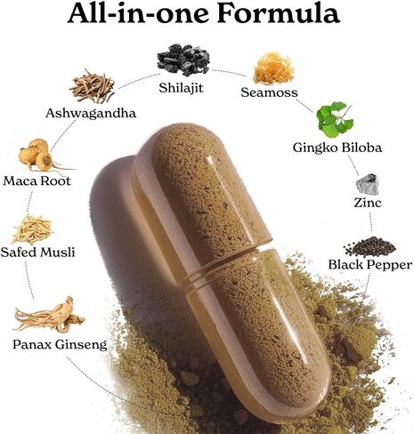Shiljait All في كبسولة واحدة مع Seamoss & Ashwagandha | يساعد في بناء العضلات والانتعاش | 120 كبسولات | اختبر مختبر الطرف الثالث نقي الهيمالايا شيلاجيت in Kuwait