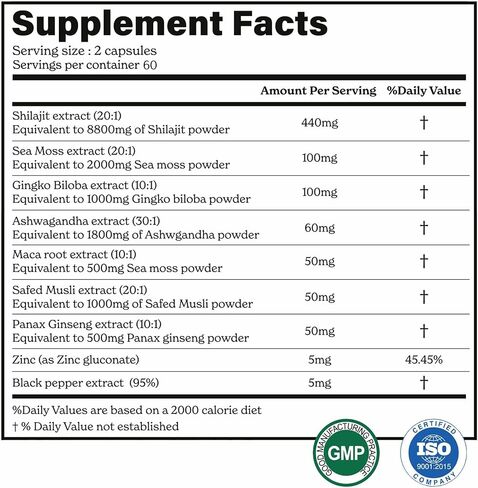 Shiljait All في كبسولة واحدة مع Seamoss & Ashwagandha | يساعد في بناء العضلات والانتعاش | 120 كبسولات | اختبر مختبر الطرف الثالث نقي الهيمالايا شيلاجيت in Kuwait