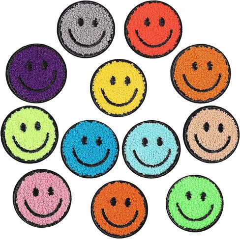 12 Pcs Smile Face Patch Iron On Patches Happy Face Chenille Patches for Clothes Dress Jackets Smile Patches for Hats Cute Embroidery DIY Project Craft Applique, 2.2 Inch(Towel Cloth Style) in Saudi Arabia