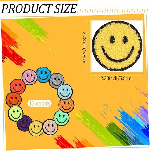 12 Pcs Smile Face Patch Iron On Patches Happy Face Chenille Patches for Clothes Dress Jackets Smile Patches for Hats Cute Embroidery DIY Project Craft Applique, 2.2 Inch(Towel Cloth Style) in Saudi Arabia