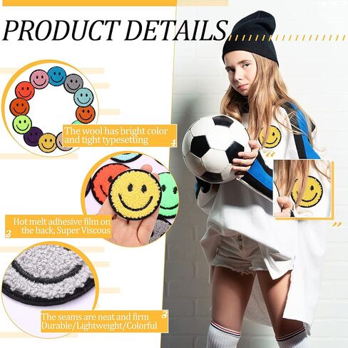 12 Pcs Smile Face Patch Iron On Patches Happy Face Chenille Patches for Clothes Dress Jackets Smile Patches for Hats Cute Embroidery DIY Project Craft Applique, 2.2 Inch(Towel Cloth Style) in Saudi Arabia