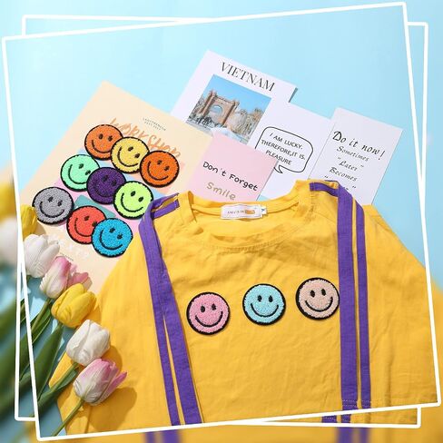 12 Pcs Smile Face Patch Iron On Patches Happy Face Chenille Patches for Clothes Dress Jackets Smile Patches for Hats Cute Embroidery DIY Project Craft Applique, 2.2 Inch(Towel Cloth Style) in Saudi Arabia