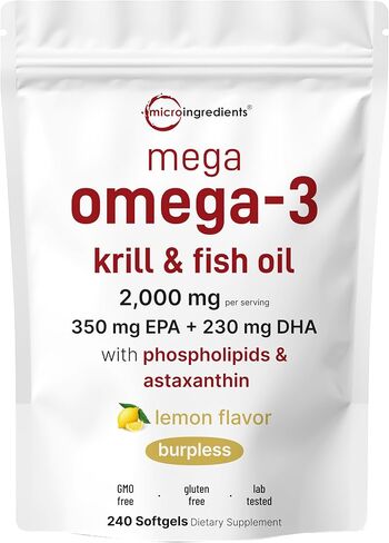 Mega Omega-3 Krill & Fish Oil 2,000mg Equivalent, 240 Softgels | Lemon Flavored | Burpless | Essential Fatty Acids & Astaxanthin | EPA 350mg + DHA 230mg | Heart & Brain Supplement in Saudi Arabia