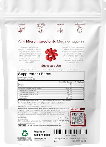 Mega Omega-3 Krill & Fish Oil 2,000mg Equivalent, 240 Softgels | Lemon Flavored | Burpless | Essential Fatty Acids & Astaxanthin | EPA 350mg + DHA 230mg | Heart & Brain Supplement in Saudi Arabia