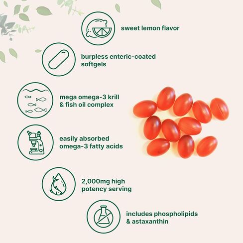 Mega Omega-3 Krill & Fish Oil 2,000mg Equivalent, 240 Softgels | Lemon Flavored | Burpless | Essential Fatty Acids & Astaxanthin | EPA 350mg + DHA 230mg | Heart & Brain Supplement in Saudi Arabia