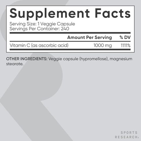 Sports Research Vitamin C 1000mg - Non-GMO Project Verified Ascorbic Acid Vitamin C Supplement for Immune Support & Antioxidant Protection | Vegan Friendly, 8 Month Supply (240 Count) in Saudi Arabia