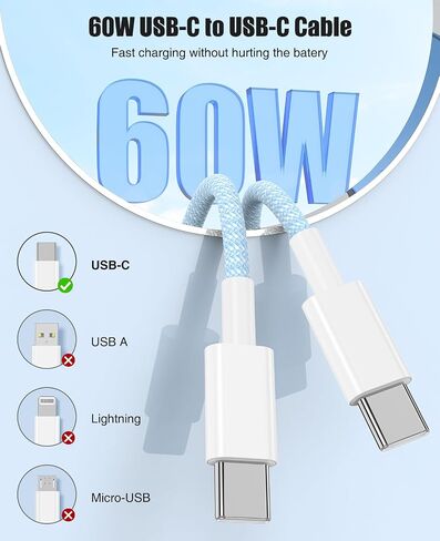 10FT Long USB C to USB C Cable for Apple iPhone 15, 60W Type C to Type C Charger Cable Fast Charging for iPhone 15 Pro Max Plus, Samsung Galaxy S24 S23,iPad Pro Air,MacBook Pro Air (2Pack) in Saudi Arabia