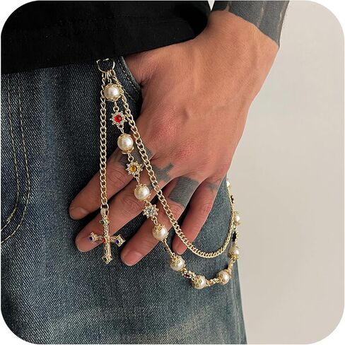 Fashion Layered Pants Wallet Chains - Exquisite Gold Silver Rhinestone Flower Pearl Jean Pocket Chain for Women Men Cute Bag Purse Charms Jewelry in Kuwait