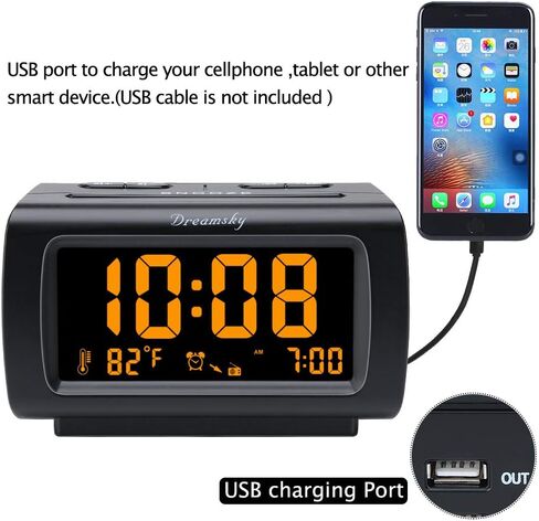 DreamSky Alarm Clock Radio for Bedrooms with Battery Backup | Large Numbers with Dimmer Wheel, USB Port, Bedside Digital FM Radio with Sleep Timer, Temperature, Adjustable Volume, Snooze in Saudi Arabia