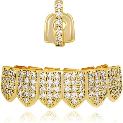 Canjoyn 18K Gold Silver Pave Full CZ Bar Grillz Teath Top and 6 Bottom Set Grills + Extra صب قضبان in Kuwait