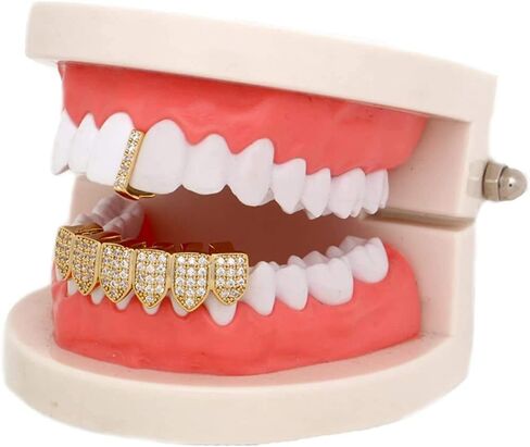 Canjoyn 18K Gold Silver Pave Full CZ Bar Grillz Teath Top and 6 Bottom Set Grills + Extra صب قضبان in Kuwait