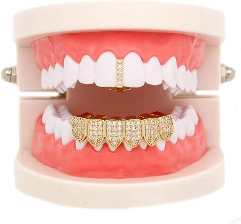 Canjoyn 18K Gold Silver Pave Full CZ Bar Grillz Teath Top and 6 Bottom Set Grills + Extra صب قضبان in Kuwait