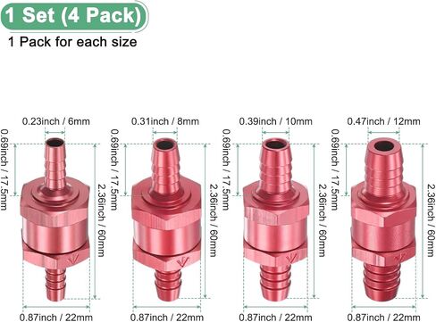 صمام فحص زيت الوقود 4-الحزمة ، 1/2 "1/4" 3/8 "5/16" سبيكة الألومنيوم غير عودة في اتجاه واحد التحقق من خط الوقود/البنزين/الديزل/الماء/الزيت/الغاز [الأحمر] in Saudi Arabia