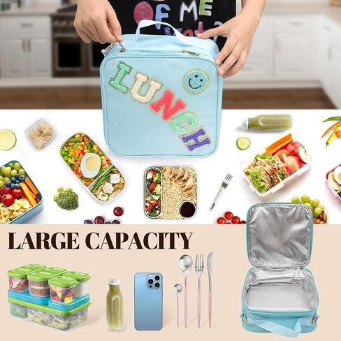 حقيبة غداء معزولة مع حزام كتف قابل للتعديل ، صندوق غداء نايلون بريبي كبير حقيبة الغداء المعزولة معاد إعادة الاستخدام مع حقيبة غداء مبتسم بريبي للفتيات المدارس سفر النزهة (Rosy Red) in Kuwait