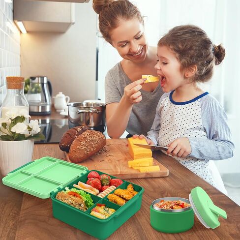 Bento Lunch Box with 8oz Soup Thermo ، حاويات طعام للأطفال مقاومة للغداء مع 4 مقصورة ، جرة الطعام الساخنة المعزولة للأطفال ، Trvael - (Pink) in Kuwait