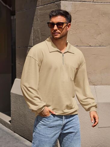 Yousify Mens Casual Quarter Zip Jackets Lightweight Cotton Loose Fit Pullvoer Stylish Fall Jacket with Pocket in Saudi Arabia