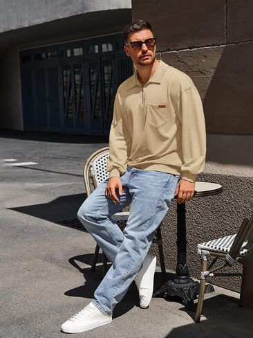 Yousify Mens Casual Quarter Zip Jackets Lightweight Cotton Loose Fit Pullvoer Stylish Fall Jacket with Pocket in Saudi Arabia