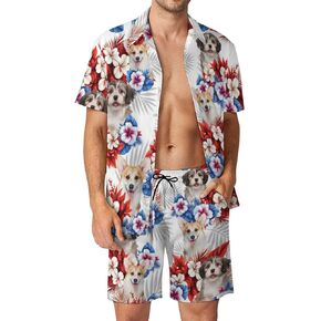 Custom Hawaiian Shirt with Faces,Personalized Men's Swim Trunks,Hawaiian Tropical Floral Shirts Set with USA Flag in Saudi Arabia