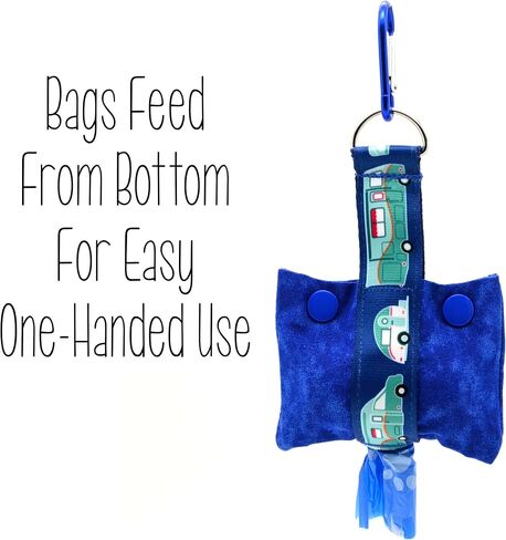 Dog Poop Bag Dispenser With Clip - Fashion Tote Waste Bag Holder - Bottom Dispensing For One-Handed Use - Clips on Leash - RV Campers on Green - Handmade by Green Acorn Kitchen in Saudi Arabia
