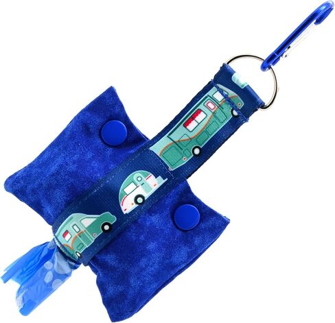 Dog Poop Bag Dispenser With Clip - Fashion Tote Waste Bag Holder - Bottom Dispensing For One-Handed Use - Clips on Leash - RV Campers on Green - Handmade by Green Acorn Kitchen in Saudi Arabia