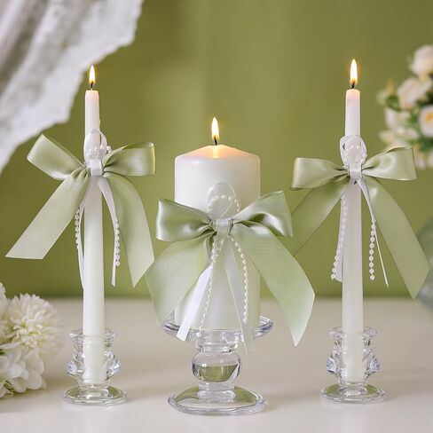 3 Pcs Unity Candles with Satin Bow and Glass Candle Holder Boho Wedding Unity Pillar Candle Set Wedding Ceremony Reception Candles Decor for Formal Events Church (Ivory) in Saudi Arabia