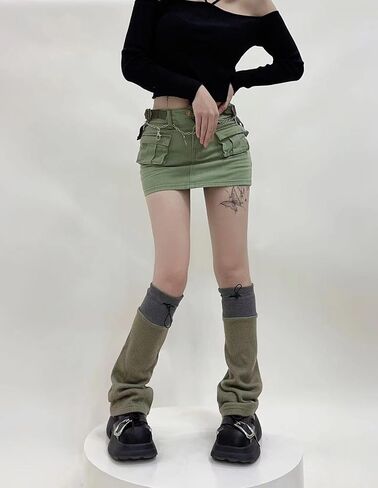Y2K Grunge Techwear Leg Warmers Emo Knitted Flared Boot Socks with Drawcords E-Girl Stacks Harajuku Alternative Clothes in Saudi Arabia