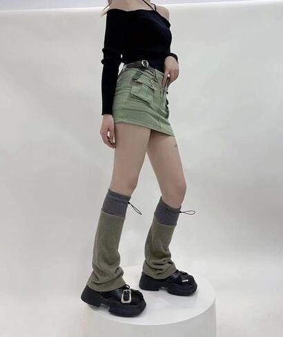 Y2K Grunge Techwear Leg Warmers Emo Knitted Flared Boot Socks with Drawcords E-Girl Stacks Harajuku Alternative Clothes in Saudi Arabia