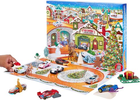 Hot Wheels Toy Car Set, 2023 Advent Calendar with 8 Cars in 1:64 Scale, 16 Accessories & Playmat, Gift for Kids in Saudi Arabia