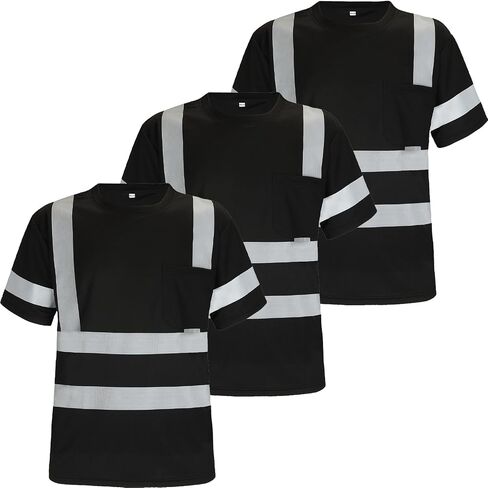 Safety Shirts for Men Construction Short Sleeve Quick Dry with Pocket Workwear, Class 3 High Visibility Shirts with Reflective Strips Black L 3PCS in Saudi Arabia