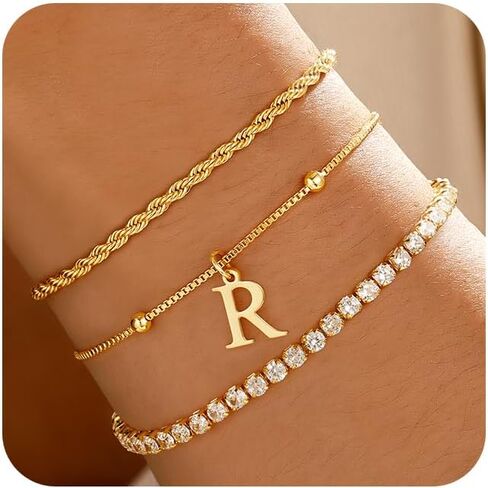 Gold Bracelets for Women Girls - Dainty Gold Bracelet Stack Jewelry Set Personalized Initial Bracelets Cute Adjustable Rope Box Chain Tennis Bracelets Gifts for Women Teen Girl Gifts in Kuwait