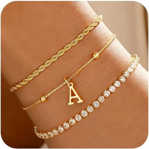 Gold Bracelets for Women Girls - Dainty Gold Bracelet Stack Jewelry Set Personalized Initial Bracelets Cute Adjustable Rope Box Chain Tennis Bracelets Gifts for Women Teen Girl Gifts in Kuwait