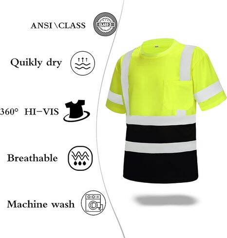 Safety Shirts for Men Construction Short Sleeve Quick Dry with Pocket Workwear, Class 3 High Visibility Shirts with Reflective Strips Black L 3PCS in Saudi Arabia
