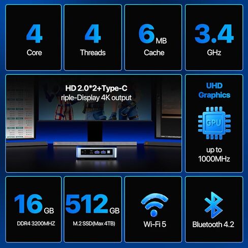 جهاز كمبيوتر صغير PELADN WI-6، الجيل الثاني عشر - N100 (يصل إلى 3.4 جيجا هرتز)، ذاكرة وصول عشوائي DDR4 سعة 8 جيجا بايت وسعة 256 جيجا بايت M.2 PCIe SSD، يدعم الكمبيوتر المكتبي شاشة مزدوجة 4K/USB3.2/WiFi 5/BT4.2 in Kuwait