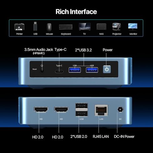 جهاز كمبيوتر صغير PELADN WI-6، الجيل الثاني عشر - N100 (يصل إلى 3.4 جيجا هرتز)، ذاكرة وصول عشوائي DDR4 سعة 8 جيجا بايت وسعة 256 جيجا بايت M.2 PCIe SSD، يدعم الكمبيوتر المكتبي شاشة مزدوجة 4K/USB3.2/WiFi 5/BT4.2 in Kuwait