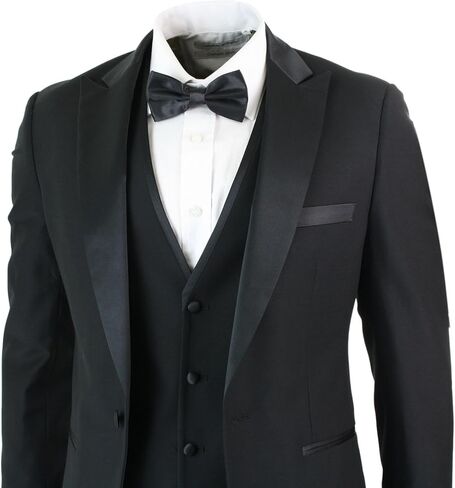 Mens 3 Piece Black Classic Satin Tuxedo Dinner Suit Tailored Fit Wedding Prom in Saudi Arabia