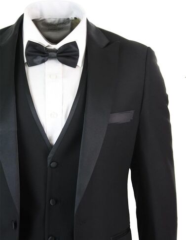 Mens 3 Piece Black Classic Satin Tuxedo Dinner Suit Tailored Fit Wedding Prom in Saudi Arabia