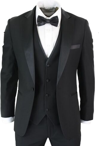 Mens 3 Piece Black Classic Satin Tuxedo Dinner Suit Tailored Fit Wedding Prom in Saudi Arabia